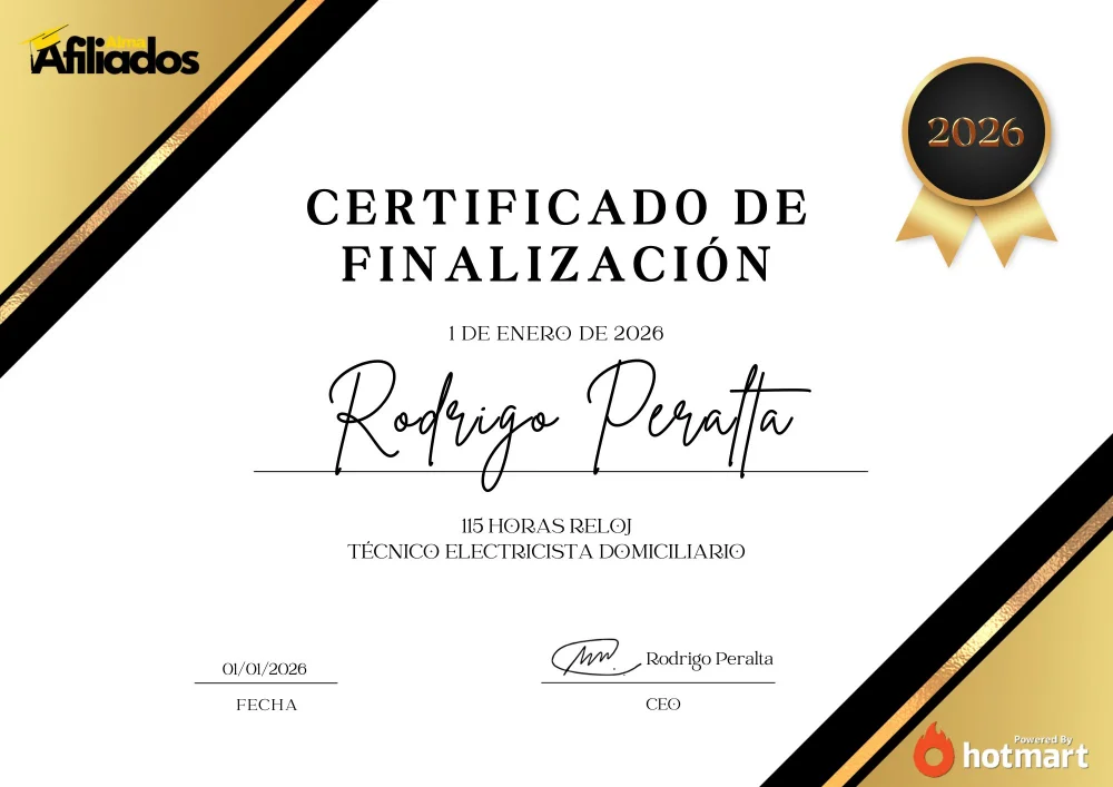 Certificado de finalización del curso Técnico Electricista Domiciliario emitido por Hotmart